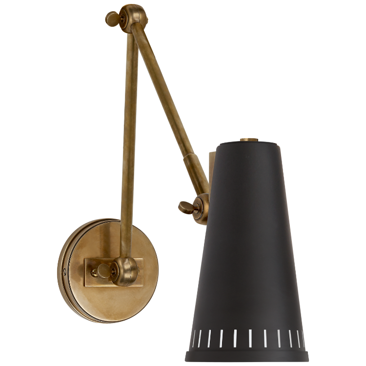 Picture of Antonio Adjustable Two Arm Wall Lamp in Hand-Rubbed Antique Brass with Matte Black Shade