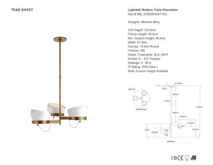 Picture of Lightwell Medium Triple Chandelier in Soft Brass with White Shades