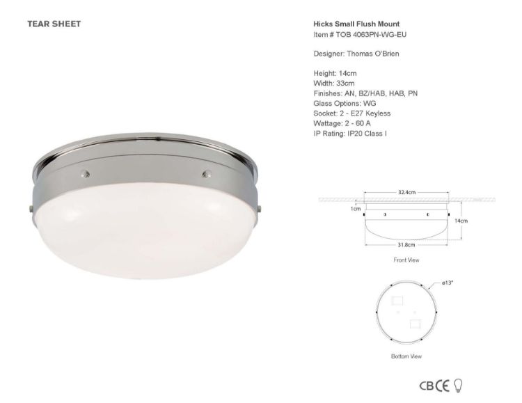 Picture of Hicks Small Flush Mount in Polished Nickel with White Glass
