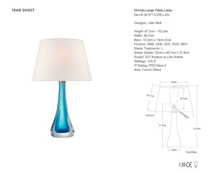 Picture of Christa Large Table Lamp in Cerulean Blue Glass with Linen Shade