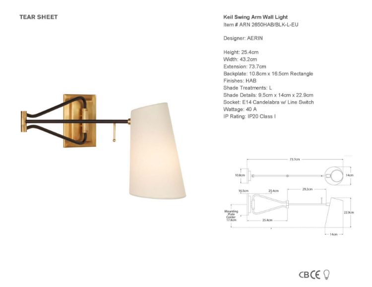 Picture of Keil Swing Arm Wall Light in Hand-Rubbed Antique Brass and Black with Linen Shade
