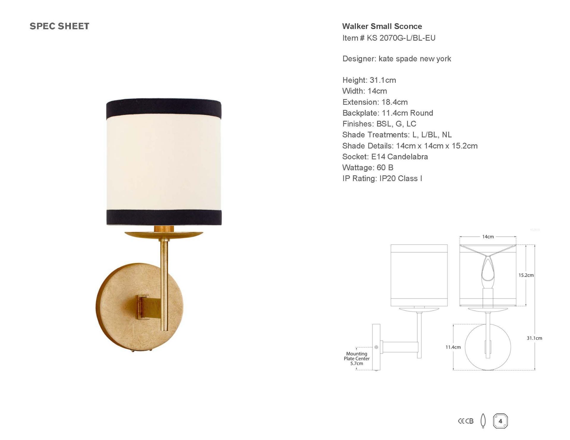 Walker Small Sconce in Gild with Cream Linen Shade with Black Linen