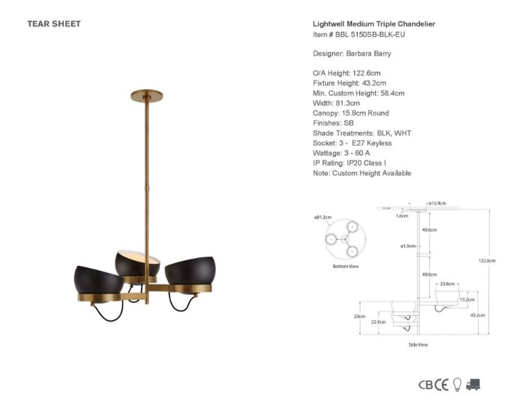 Picture of Lightwell Medium Triple Chandelier in Soft Brass with Black Shades