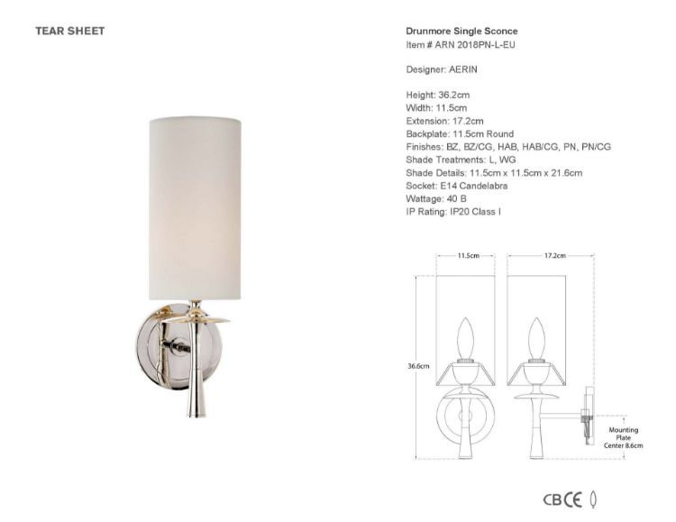 Picture of Drunmore Single Sconce in Polished Nickel with Linen Shade