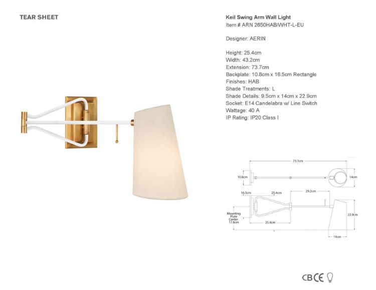 Picture of Keil Swing Arm Wall Light in Hand-Rubbed Antique Brass and White with Linen Shade