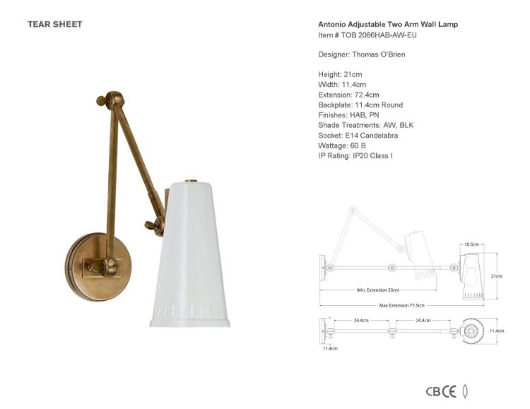 Picture of Antonio Adjustable Two Arm Wall Lamp in Hand-Rubbed Antique Brass with Antique White Shade