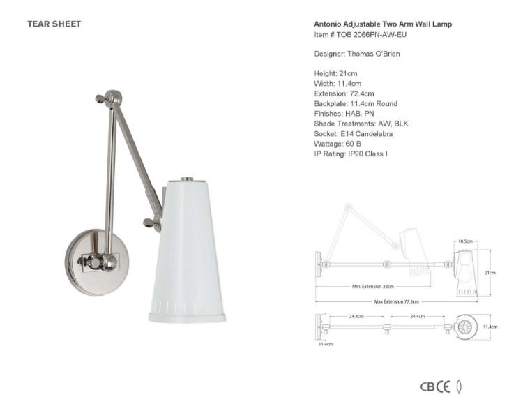 Picture of Antonio Adjustable Two Arm Wall Lamp in Polished Nickel with Antique White Shade