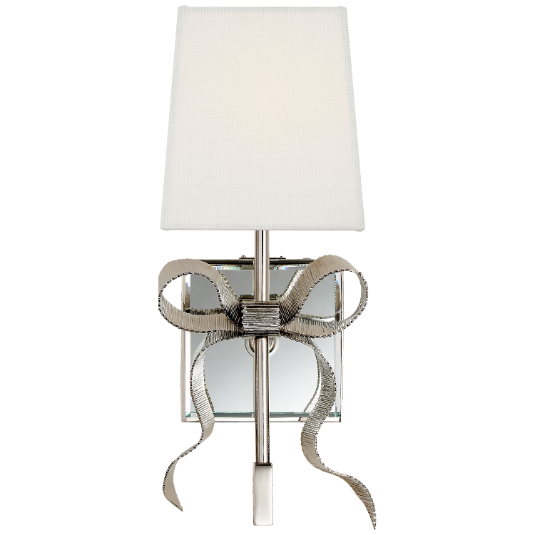 Picture of Ellery Small Gros-Grain Bow Sconce in Polished Nickel with Cream Linen Shade