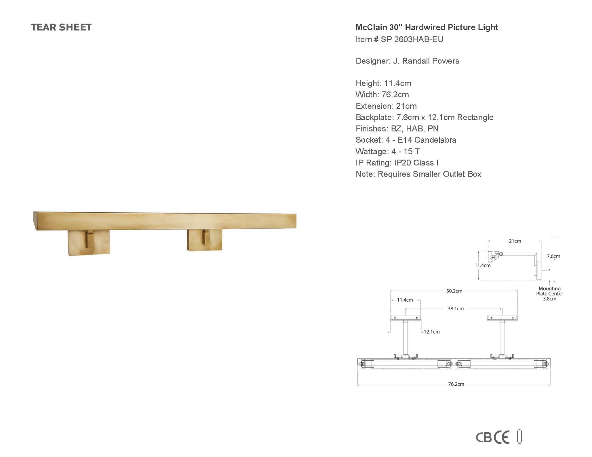 McClain 30" Hardwired Picture Light in HandRubbed Antique Brass Lumiere