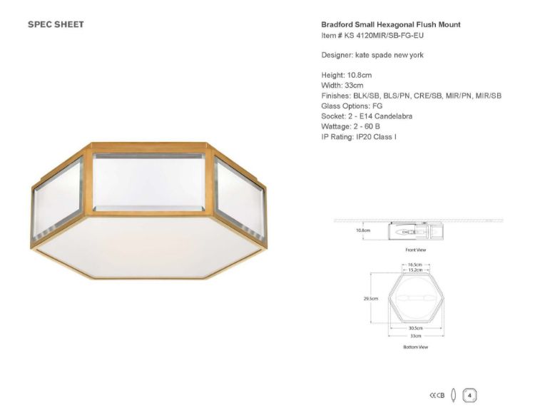 Picture of Bradford Small Hexagonal Flush Mount in Mirror and Soft Brass with Frosted Glass
