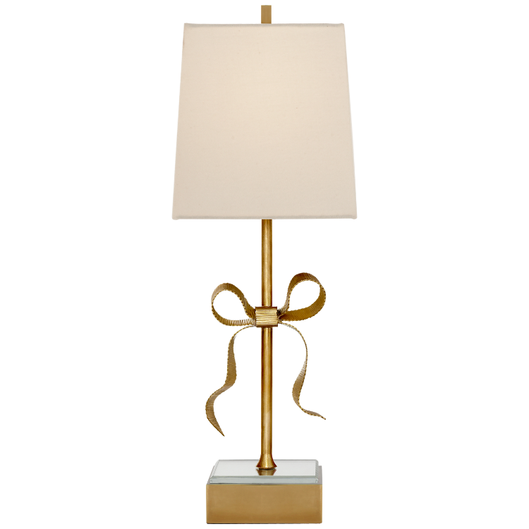 Picture of Ellery Gros-Grain Bow Table Lamp in Soft Brass and Mirror with Cream Linen Shade