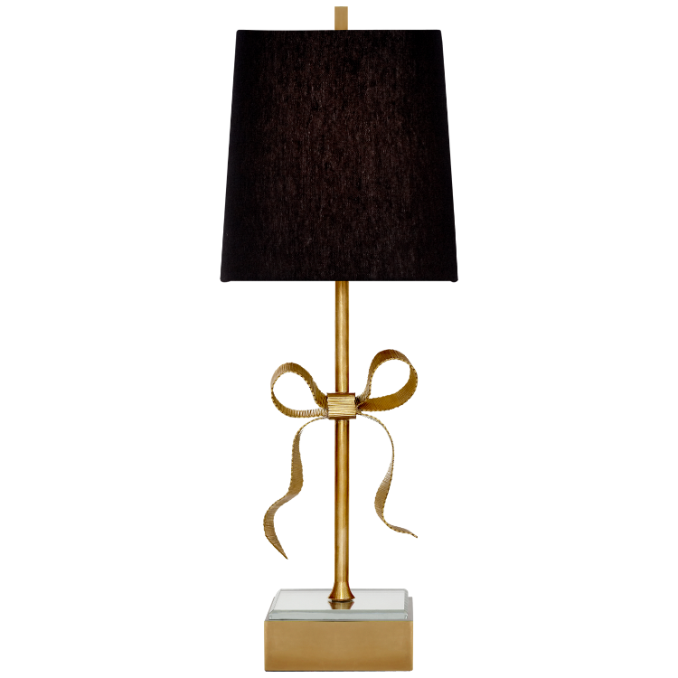Picture of Ellery Gros-Grain Bow Table Lamp in Soft Brass and Mirror with Black Linen Shade