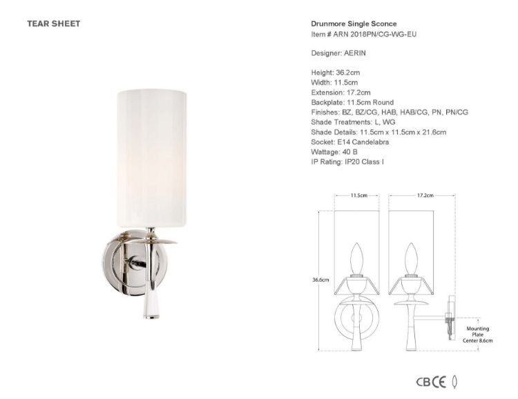 Picture of Drunmore Single Sconce in Polished Nickel and Crystal with White Glass Shade