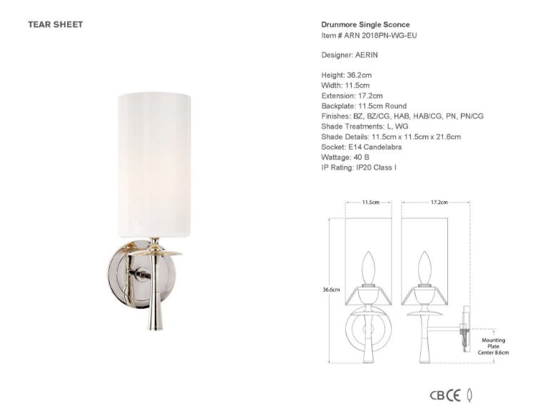 Picture of Drunmore Single Sconce in Polished Nickel with White Glass Shade