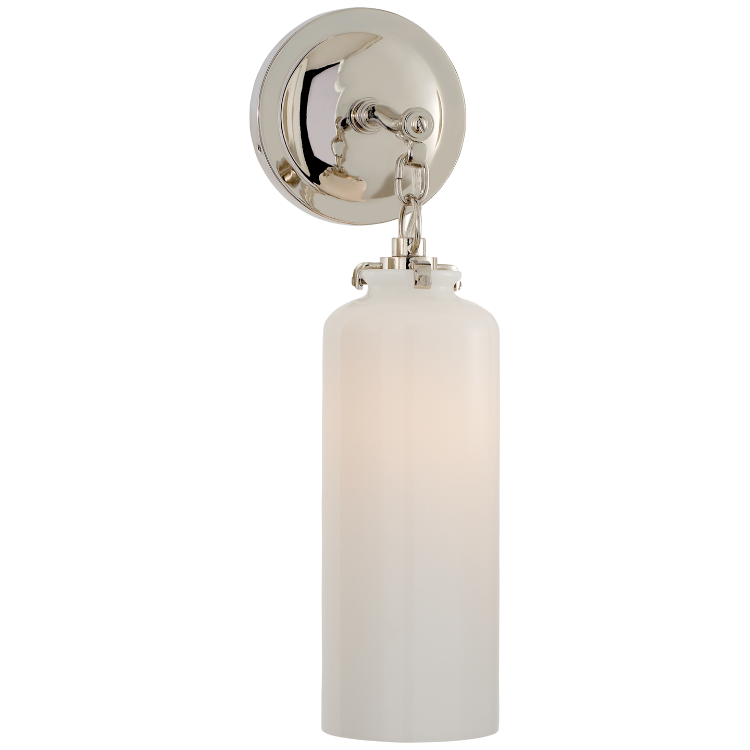 Picture of Katie Small Cylinder Sconce in Polished Nickel with White Glass