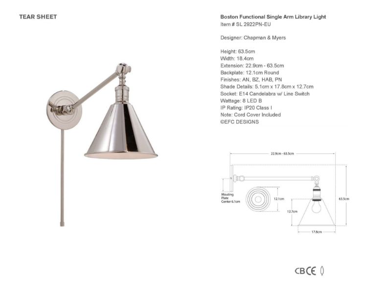 Picture of Boston Functional Single Arm Library Light in Polished Nickel