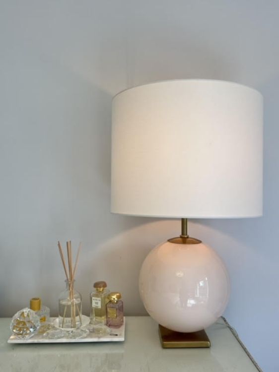 Picture of Elsie Reverse Painted Globe Table Lamp in Blush Painted Glass with Cream Linen Shade