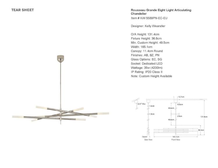 Picture of Rousseau Grande Eight Light Articulating Chandelier in Polished Nickel with Etched Crystal
