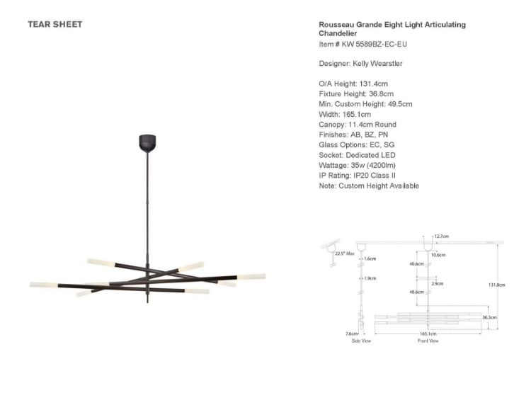 Picture of Rousseau Grande Eight Light Articulating Chandelier in Bronze with Etched Crystal