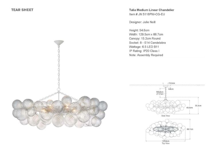 Picture of Talia Medium Linear Chandelier in Plaster White with Clear Swirled Glass