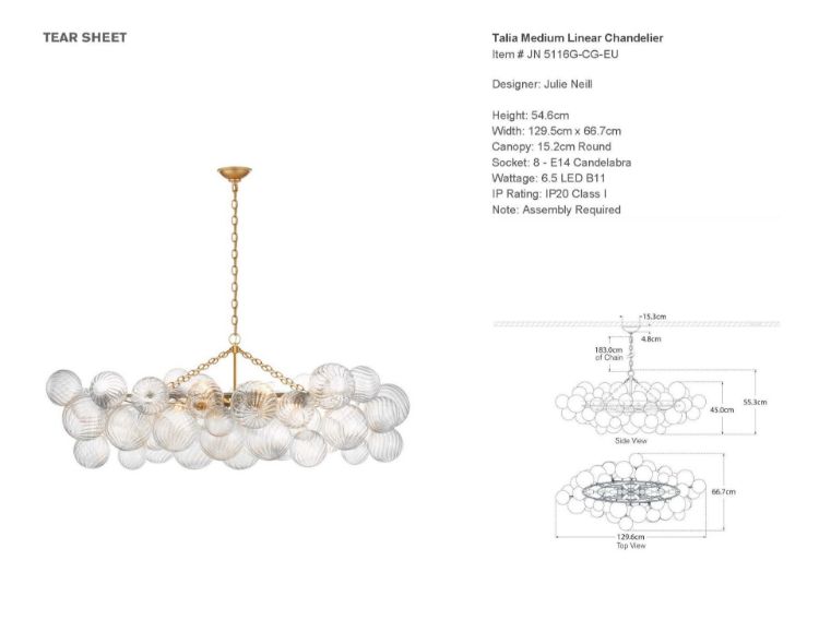Picture of Talia Medium Linear Chandelier in Gild with Clear Swirled Glass