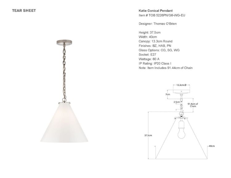 Picture of Katie Conical Pendant in Polished Nickel in White Glass