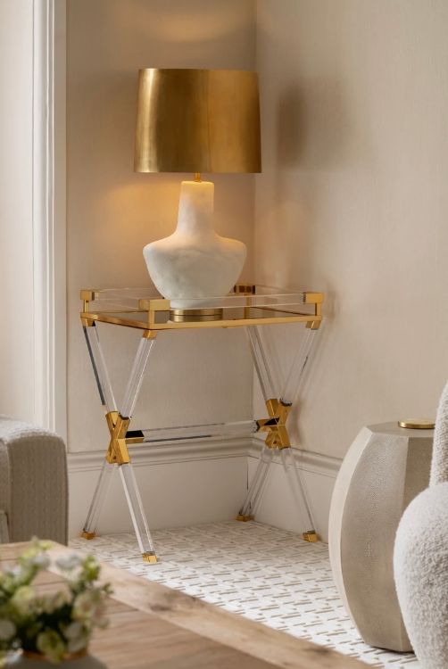 Picture of Armato Small Table Lamp in Porous White Porcelain and Linen Shade