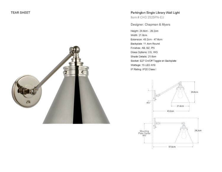Picture of Parkington Single Library Wall Light in Polished Nickel with Polished Nickel Shade