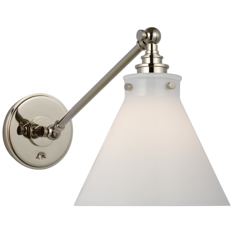 Picture of Parkington Single Library Wall Light in Polished Nickel with White Glass Shade