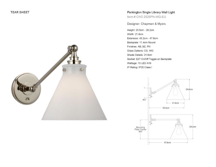 Picture of Parkington Single Library Wall Light in Polished Nickel with White Glass Shade