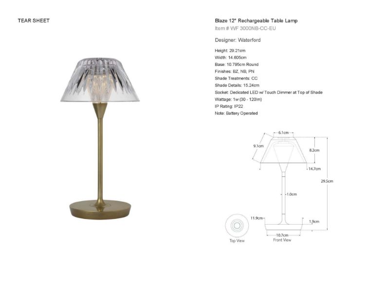 Picture of Blaze 12" Rechargeable Table Lamp in Natural Brass