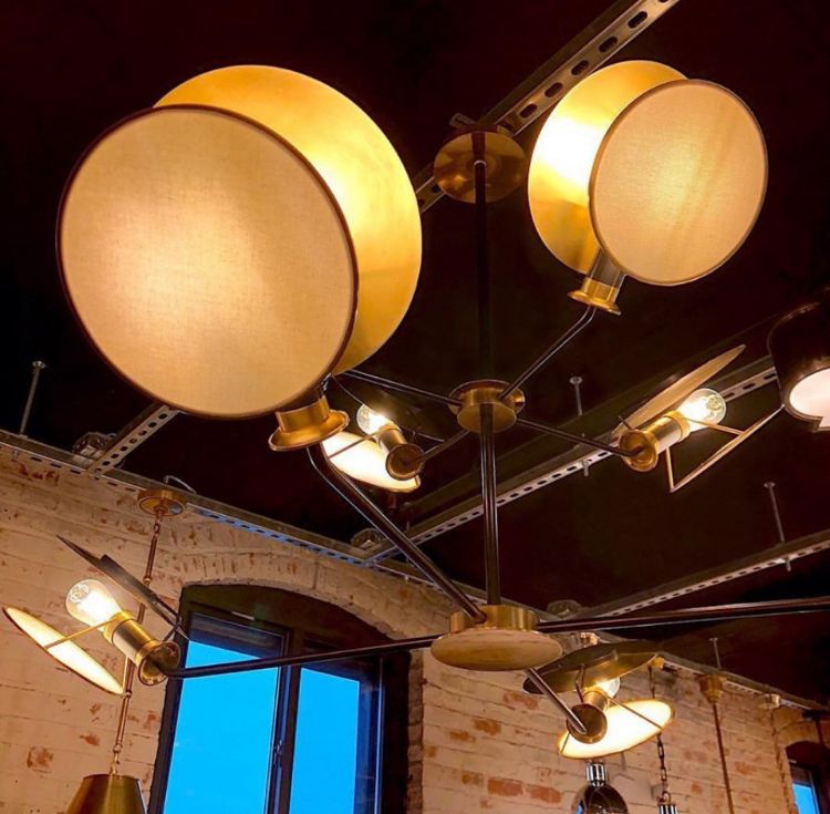 Picture of Osiris Large Reflector Chandelier in Hand-Rubbed Antique Brass with Linen Diffuser