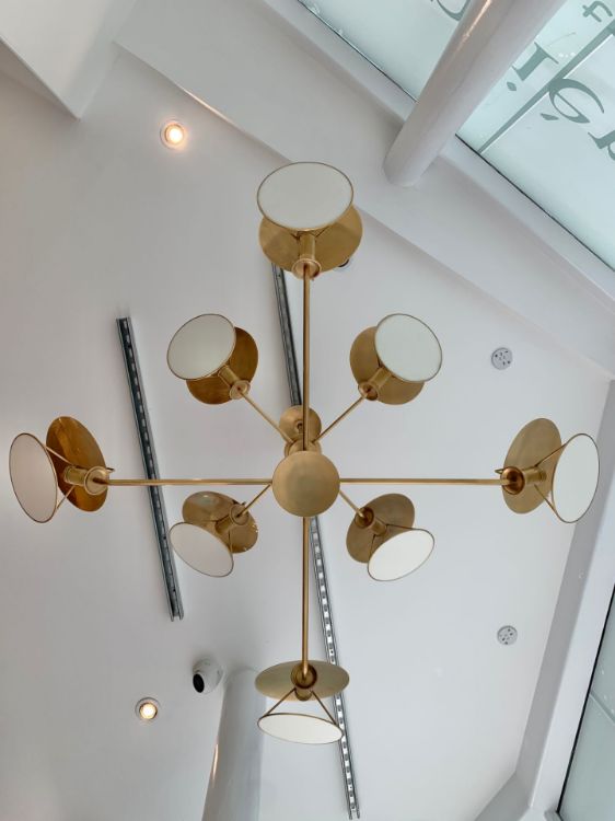 Picture of Osiris Large Reflector Chandelier in Hand-Rubbed Antique Brass with Linen Diffuser